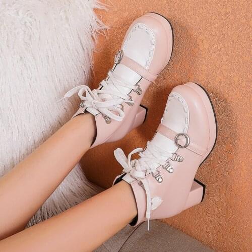COOLULU 2020 New Women Lolita Ankle Boots Lace Up Block Heel Boots All Match Cute Fashion Women Winter Boots Shoes Size 34-45