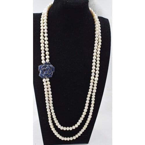 2rows freshwater pearl necklace white near round 8-9mm blue flower pendant 30" nature beads FPPJ wholesale