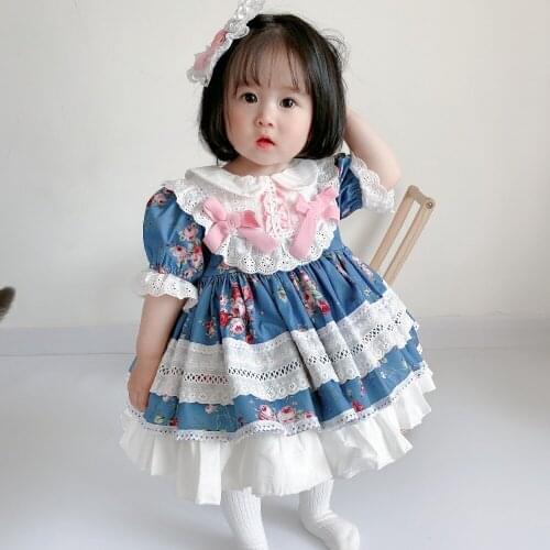 Christening First Communion Baby Girl Navy Blue Floral Lace Vintage Spanish Turkey Princess Lolita Ball Gown Dress