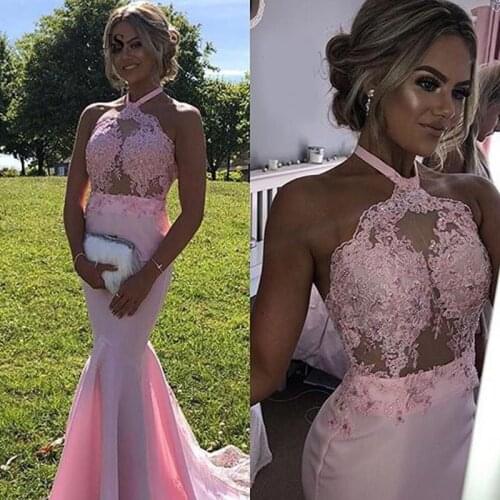 Mermaid Pink Prom Dress Halter Neck Appliques Sexy Party Gowns Long Satin Girls Formal Dress vestidos de gala longo