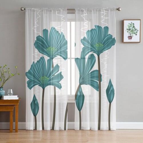 Youth Bedroom Sheer Curtains Abstract Teal Flower Kitchen Study Hanging Curtains Living Room Holiday Decor Tulle Curtains