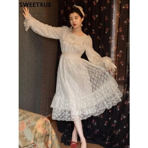 SWEETXUE Retro Girl Dress Romantic Lace Embroidery Spring Ruffled Flared Sleeves Cute Sweet Kawaii Loose Princess Dress Women