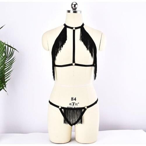 Sexy Black Tassels Bodysuit Harajuku Black Tassels Cage Bralette Gothic Lace Bottom Panties 90s Pole Dance Harness Lingerie Set