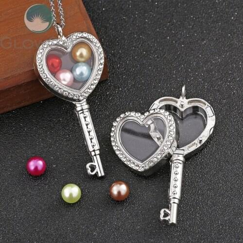 Silver Heart Key Can open Locket Rhinestone Necklace Beads Pearl Memory Photo Glass Locket Pendant Necklace