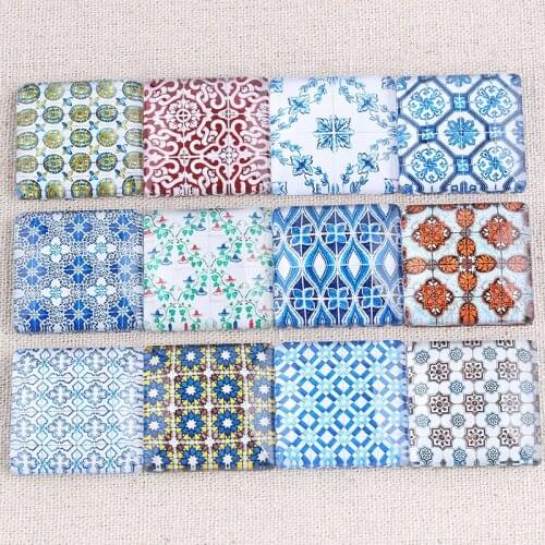 Reidgaller Mixed porcelain pattern photo square glass cabochon 10mm12mm 15mm 20mm 25mm 30mm diy jewerly accessories