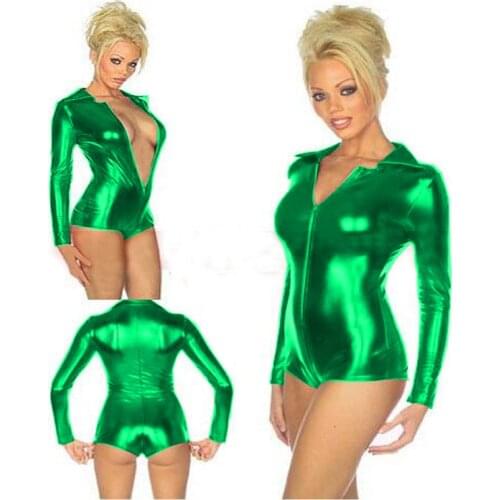 Stretch Shiny Metallic Women Long Sleeve Bodysuit Wet Look Front Zipper Skinny Jumpsuit Nightclub Party Pole Dance Short Catsuit