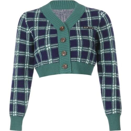 Knitted Cardigan Female Thick Plaid Waist Thin Short Long Sleeve Womens Green Sweaters Loose Streetwear