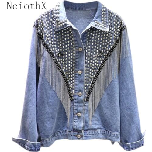 2021 Autumn Streetwear Denim Jacket Women Hand-studded Rivet Tassel Chain Short Jeans Jacket Loose Blue Black Coats Mujer