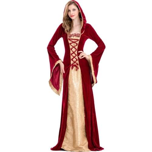 Womans Renaissance Victorian Medieval Gothic Long Dresses Halloween Cosplay Princess Queen Velvet Medieval Robe Hooded Gown