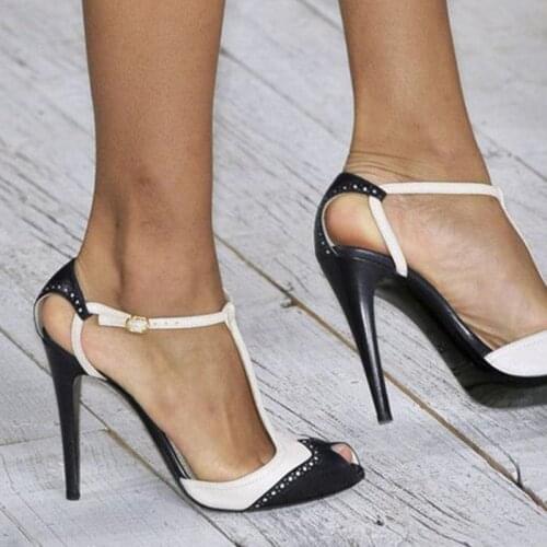 LanLoJer Shoes Woman High Heels Party Wedding Shoes, Black And White PU, Buckle Belt 11 cm High-heeled Sandals Shoes