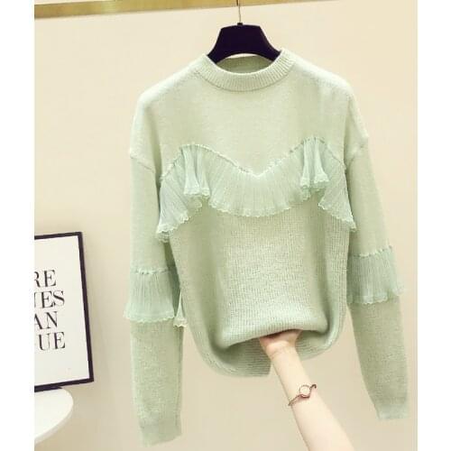 Womens Mesh Lace Stitching Sweater 2020 Autumn and Winter Knit Shirt New Loose Ruffle Sleeve Sweaters Girl Oversized Pullovers