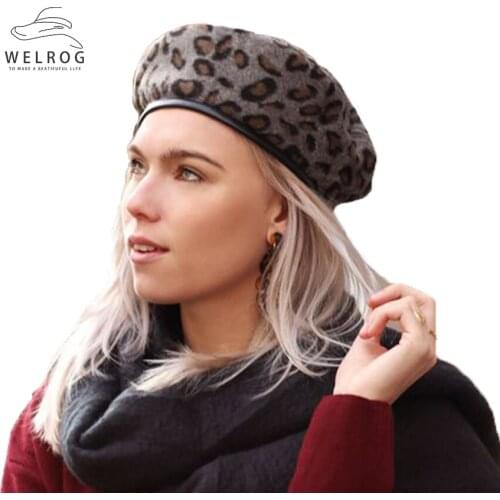 WELROG Women Vintage Style Leopard Painter Hat Round Beret Caps Cap Wool Ski Beanie Skull Caps Hat Winter Hats