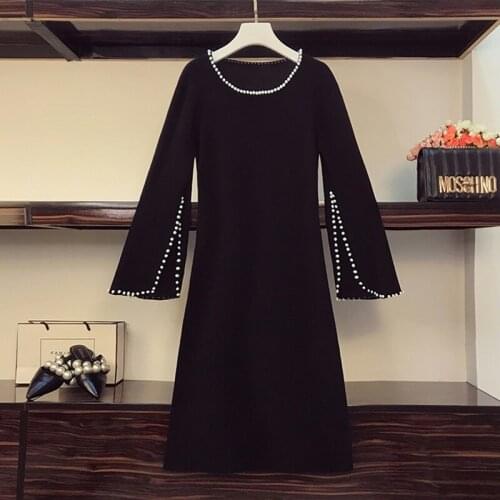 2021 autumn winter new fashion Beading kintting thick sweater dresses 3/4 Sleeve o neck elegant vintage A line dress plus size