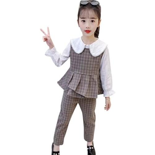 Teen Girls Clothing Plaid Pattern Childrens Clothes For Girls Vest + Tshirt + Pants Girl Set Casual Style Tracksuits For Childr