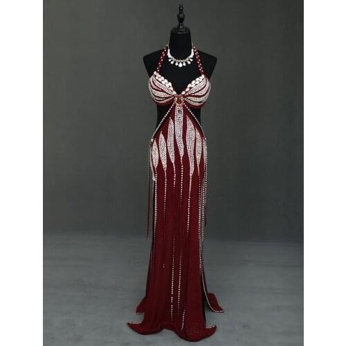 2020 new belly dance performance costume haute couture green fruit wine red diamond half piece oriental dance dance suit