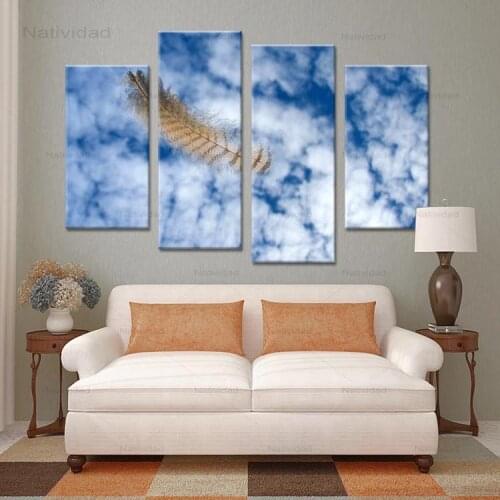4 Pieces Falling Blue Feather Hd Print Beautiful Sky Canvas Painting Posters and Prints Wall Pictures for Living Room Decor