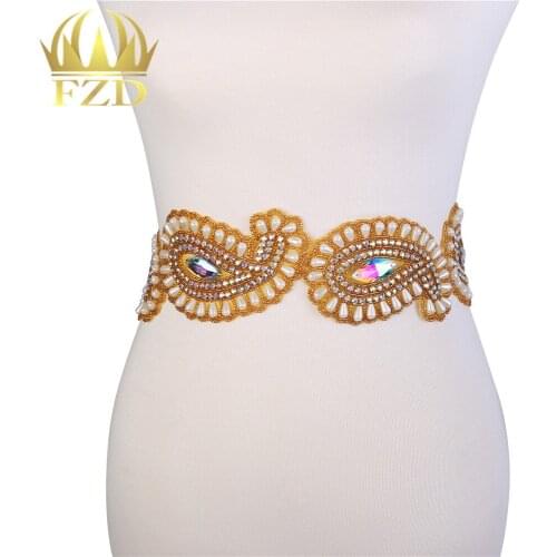 5 Yards) Sewing on Gold Crystal Beaded Iron On Beaded Applique Rhinestone Trim for Wedding Bridal Sash