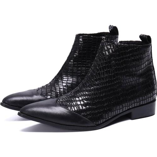 Christia Bella Autumn Winter Pointed Toe Snake Pattern Genuine Leather Male Boots Fashion Business Party Men Zipper Short Boots