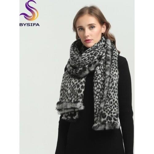 [BYSIFA] Winter Ladies Scarves Shawls 2018 Black White Leopard Print Women Long 100% Wool and 100%Rabbit Hair Scarves Pashimina