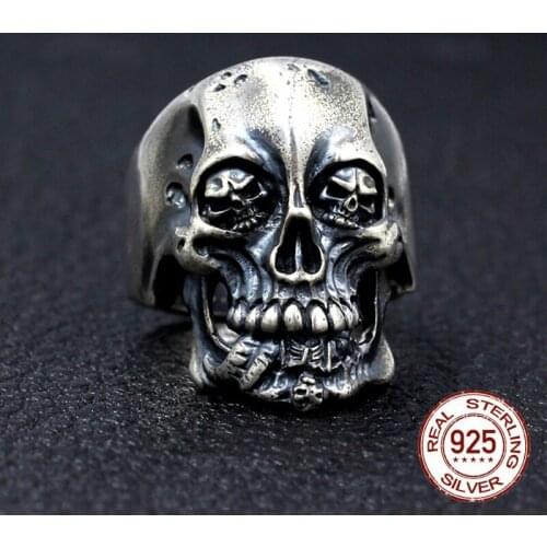 Skull Ring S925 Sterling Silver color Handmade Domineering Dark Retro Male Forefinger Skeleton Ring Thai Silver colour Jewelry