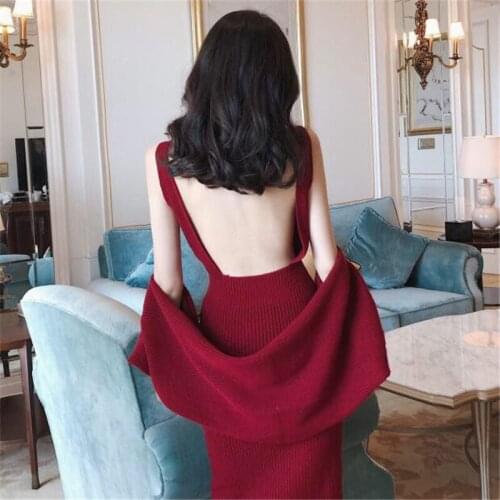 Autumn Winter Retro Sexy Sweater Dress Suit Lady Temperament Goddess Knitted Dress Sets Red Women Sweater Two-Piece Suit Mujer