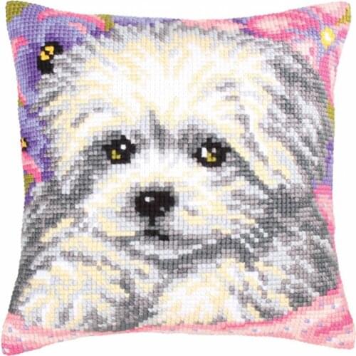 DIY Cross Stitch Cushion Front White Puppy Needlepoint Kits Printed Canvas Chunky Yarn Cross-stitch Pillow Case Arts & Crafts