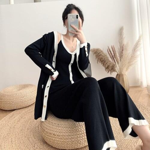 New Autumn Vintage Elegant Women 3pcs Fashion Suit Knitted Single-Breasted Long Cardigan + Camisole+High Waist Wide Leg Pants