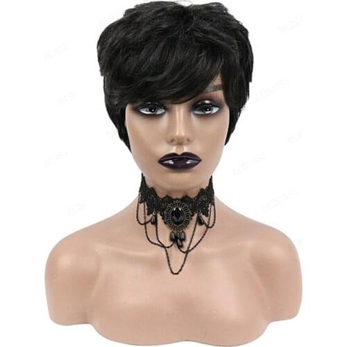 Real Human Hair costume Wig short wavy Dark Brown Hair Side Part Machine Made Womens wigs