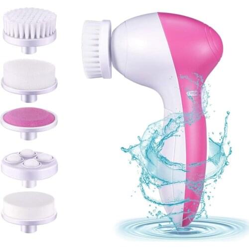5 in 1 Facial Cleansing Brush Waterproof Face Spin Brush Set with 5 Brush Heads Blackhead Remover Deep Cleansing face (PINK)