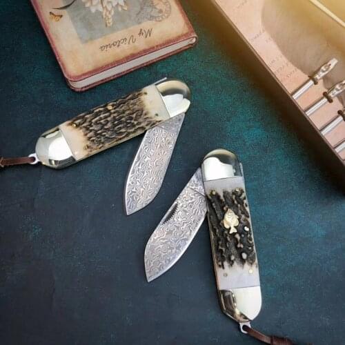 Sunfish Folding Knife Damascus Steel Blade natural Antler Handle Outdoor Survival Tactical Pocket Knives Camping Hunting Tools