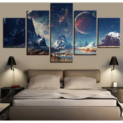 Decoración Para el hogar lienzo HD impresiones de arte de pared 5 piezas montañas y espacio pintura conjunto planeta nieve lago