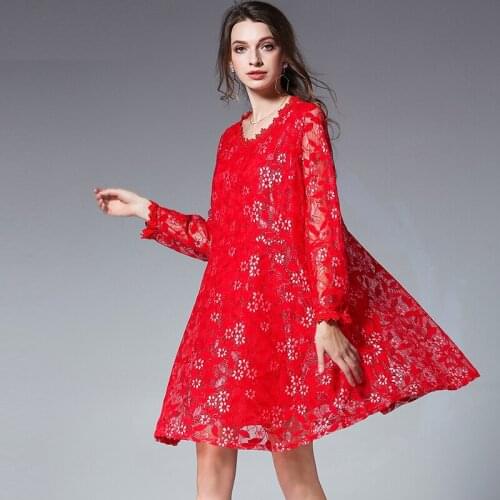 Spring dress women Plus size Elegant dresses large sizes casual loose lace Floral high waist crew neck mini dress oversize