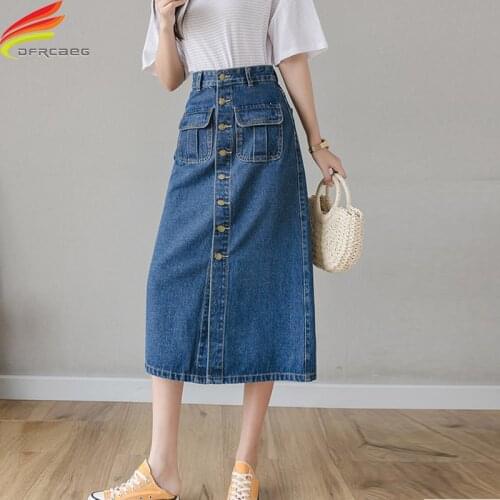 New 2021 Summer Long Denim Skirt Women Single Button High Waist A Line Jeans Skirts Street Wear Blue Or Sky Blue jupe jean femme