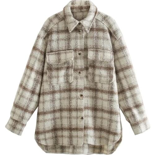 Stylish Chic Coffee-Beige Plaid Shirt Jacket Women Fashion Turn-down Collar Pockets Buttons Coat Girls Chic Streetwear