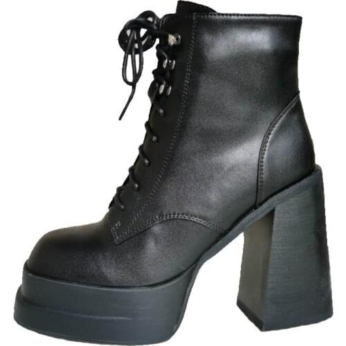 2021 autumn New Natural leather Fashion Square Toe Zipper Womens Shoes Super High Thick Heel Womens Platform Motorcycle boots