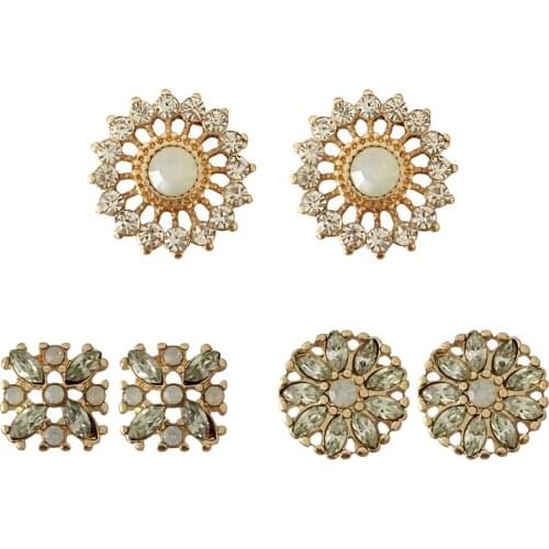 Shiny Gold Color Plating Clear Stone Decorated 3 Pair Stud Earrings For Women Girl Elegant Gorgeous Multi Jewelry Pack
