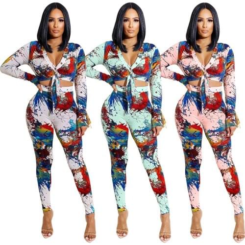 Casual Ink-Splattered Print Two Piece Set Women Sexy Button Knotted Lace Up V Neck Crop Top + Leggings Slim Matching Set Outfits