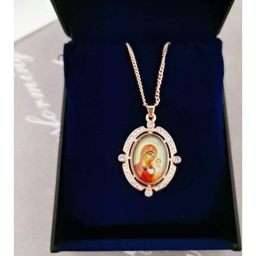 Religion Christian Pendant Necklace For Women Kazan Icon Of The Mother Of God Rhinestone Resin Patch Neck Chain Jewelry Collier