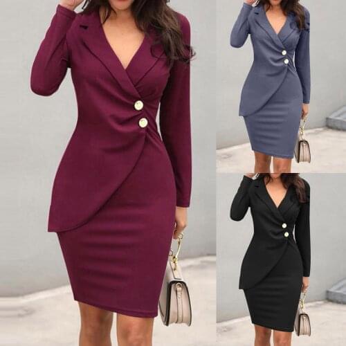 WomenS Dress Autumn Business Solid Color Lapel Long-Sleeved Button Bag Hip Tight Slimming Casual Work Dress платье летнее 50