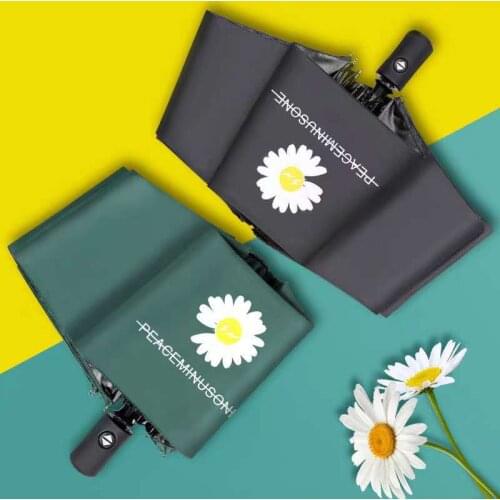 Automatic Umbrella Rain Women Small Daisies Printing Folding Umbrellas Windproof Black Coating Anti UV Parasol Womens Umbrella