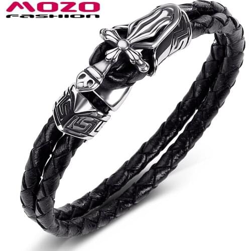 2020 New Men Jewelry Black Genuine Leather Bracelet Stainless Steel Punk Cross sword Charm Exaggeration Bangles