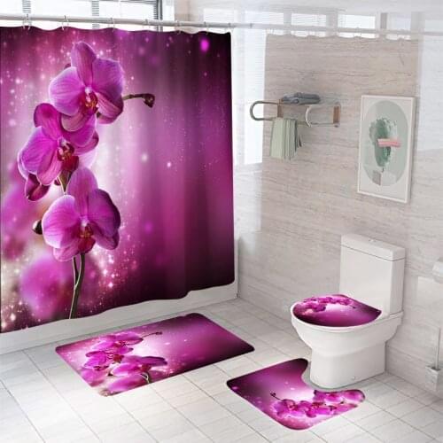Blooming Flowers Shower Curtain Sets with Rugs Bathroom Decor Bath Rug and Mats Sets with Hooks Toilet Seat Cover