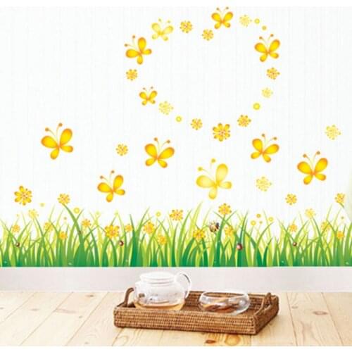 Fresh Orchid Plant Baseboard Decoration Removable Bedroom Living Room Border Decor Yellow Flower Butterfly Grass Wall Stickers