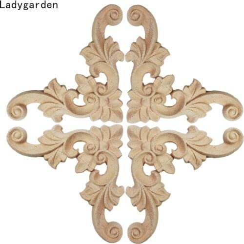 4PCS Wood Onlay Decal Wooden Applique Unpainted Ornamental Decoration Floral Statues Furniture Corner Doors Walls Sculptures