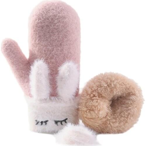 Kids Winter Warm Full Finger Gloves Cute Cartoon Rabbit Ears Plush Lined Mittens XX9D