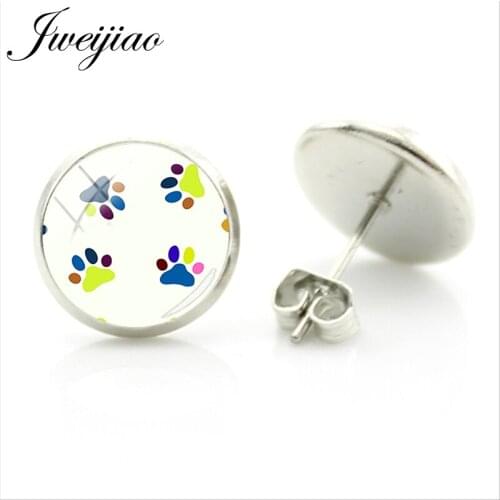 JWEIJIAO Girl Women Glass Cabochon Dome Stud Earring Cat Paw Print Animal Pattern Earrings Fashion Jewelry Party Gifts NT336