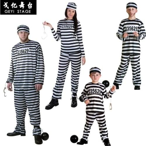 Carnival Party Halloween Prisoner Costume for Men Women Kids Child Family Violent Prisoner Costumes Fancy Dresses Set