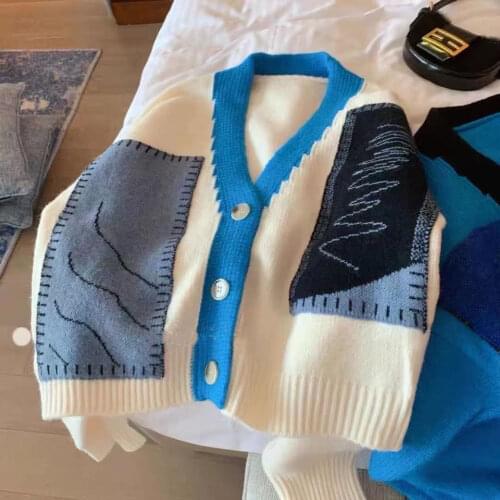 Korobov Autumn Winter Hit Color Patchwork Cardigans Japanese Streetwear Cardigan Korean V Neck Long Sleeve Harajuku Sweaters