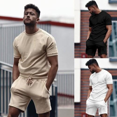 Summer New Sportswear Set Men Casual Shorts Sets Short Sleeve O-Neck T-shirt +Shorts Solid Color Tracksuit Set Male Streetwear