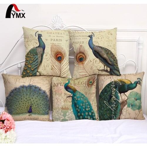 Buy Retro Images Peacock Printed Cotton Linen Sofa Cushion Cover Pillow Cases Waist Pillowcases Cover Price Wholesale Home Decor